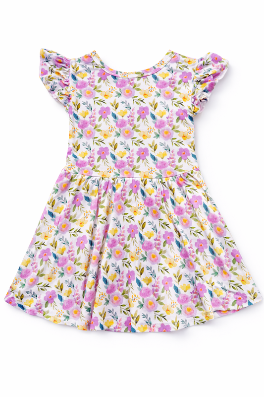Flutter Sleeve Bodysuit Dress | Yellow Floral