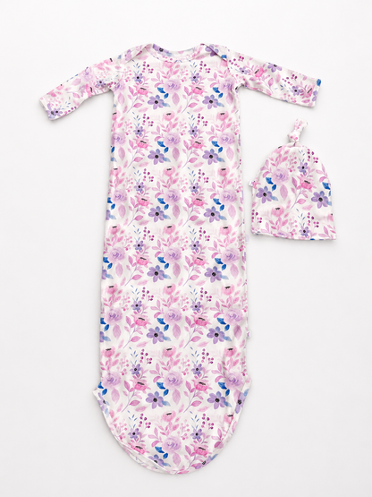 Knotted Gown and Hat Set | Soft Purple Floral