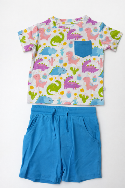 Short-Sleeved Pocket Shirt and Shorts Set | Colourful Dinosaurs