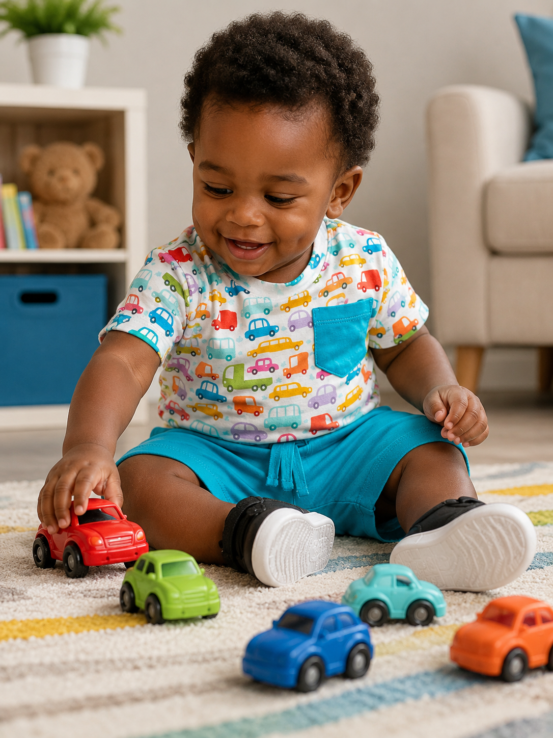 Short-Sleeved Pocket Shirt and Shorts Set | Colourful Cars