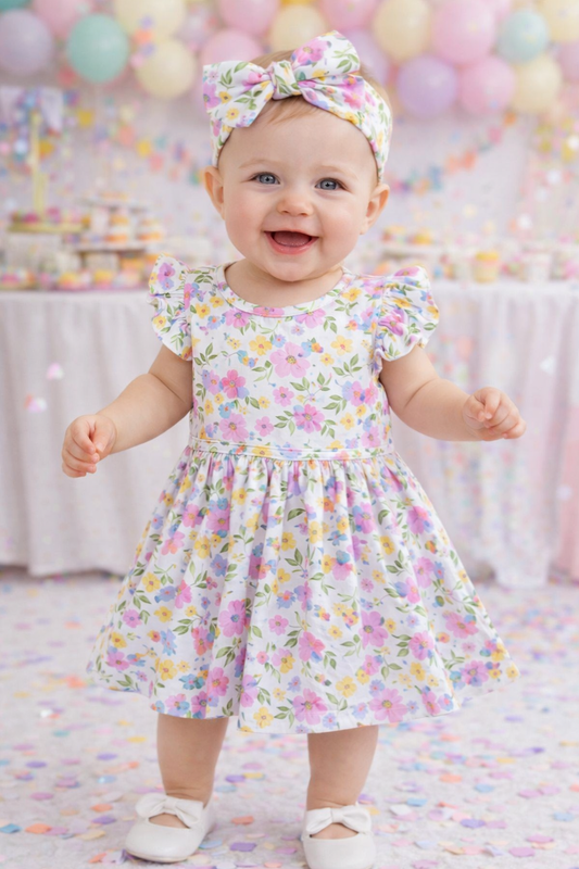 Flutter Sleeve Bodysuit Dress | Yellow Floral
