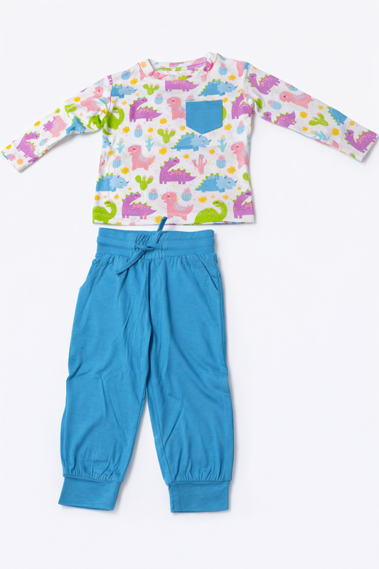 Long-Sleeved Pocket Shirt and Pants Set | Colourful Dinosaurs