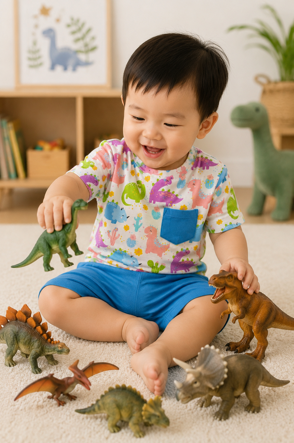 Short-Sleeved Pocket Shirt and Shorts Set | Colourful Dinosaurs