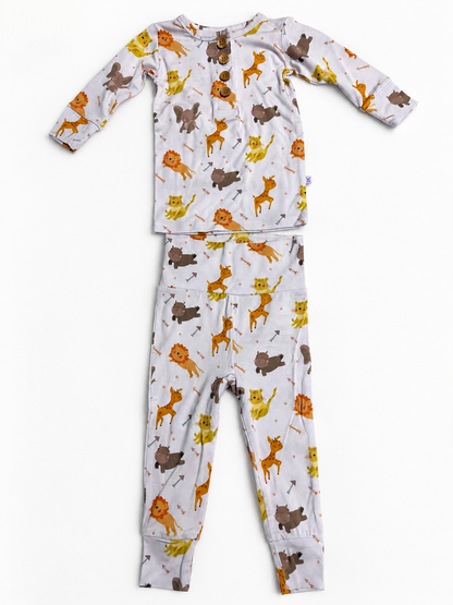 Long-Sleeved Buttoned Top with Footed Pants Set | Animal Safari