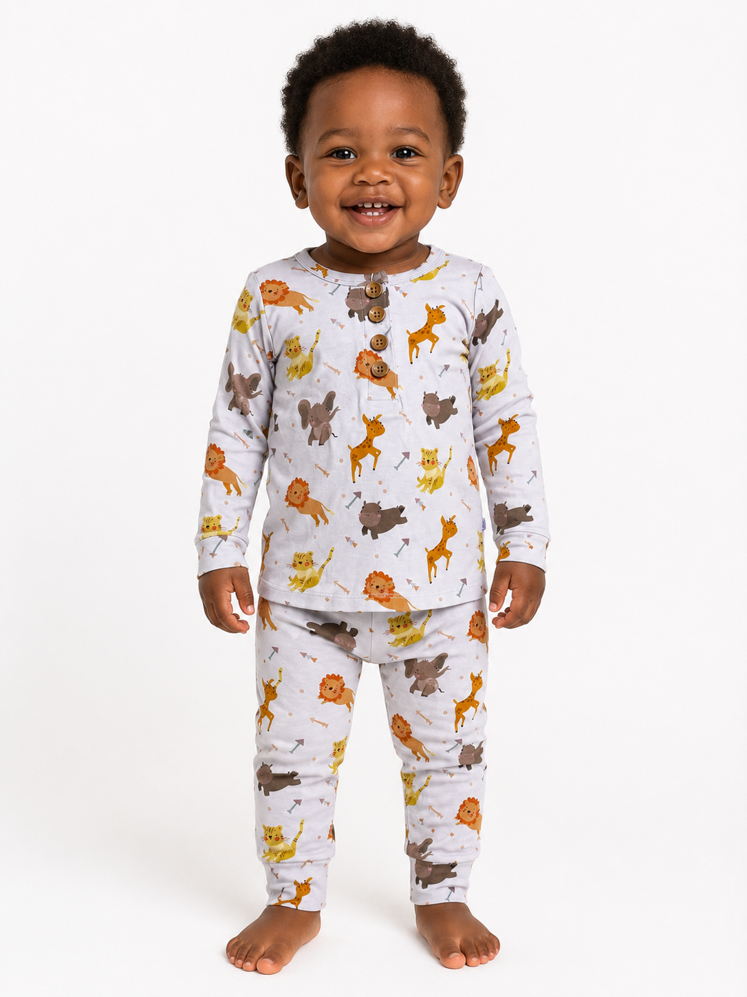Long-Sleeved Buttoned Top with Footed Pants Set | Animal Safari