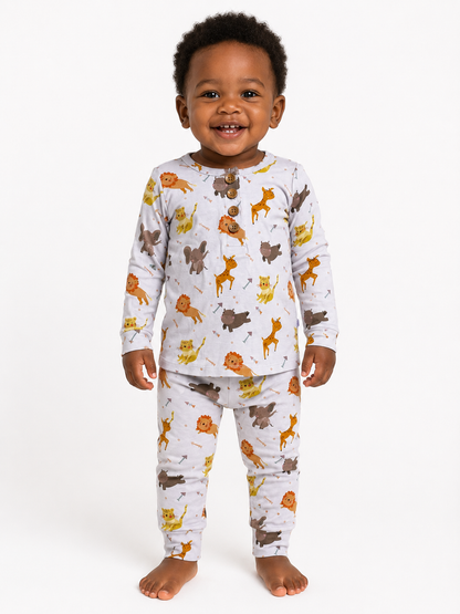 Long-Sleeved Buttoned Top with Footed Pants Set | Animal Safari