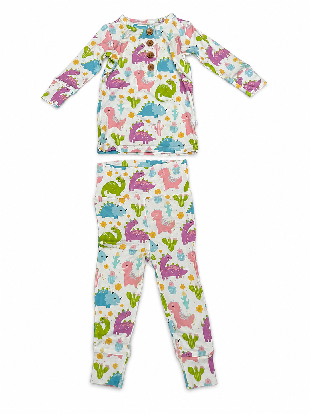 Long-Sleeved Buttoned Top with Footed Pants Set | Colourful Dinosaurs